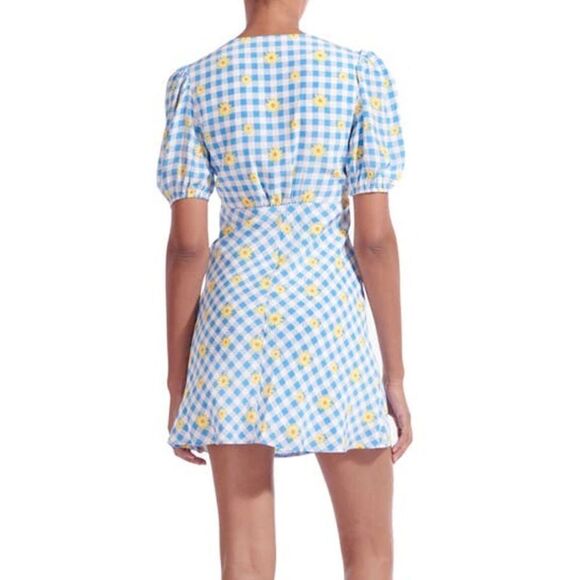 Staud Milla Blue Gingham Daisy Floral Print V-Neck Puff Sleeve Mini 12 NWT $218 - Picture 3 of 5